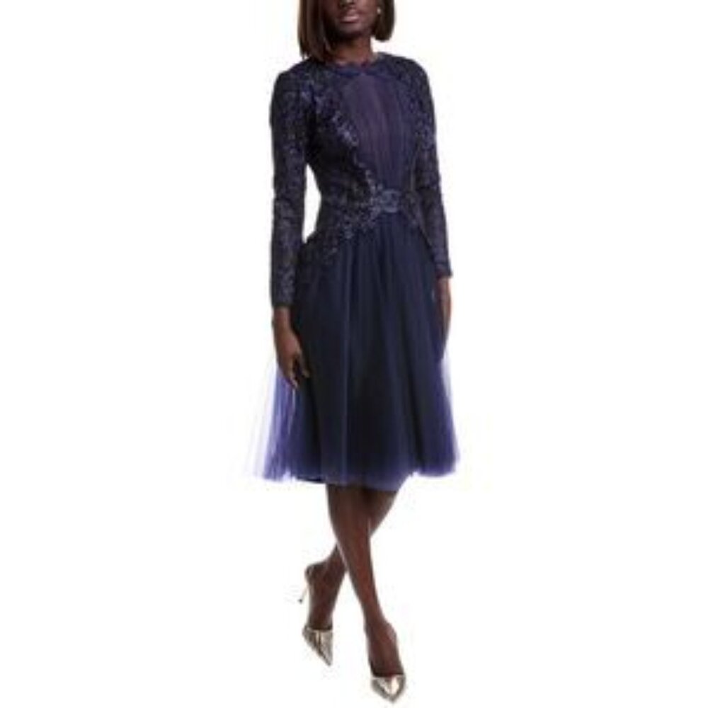 Tadashi Shoji Saitta midnight blue lace embroidered tulle midi cocktail dress 2 - Picture 6 of 6